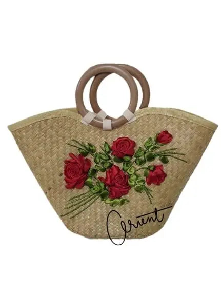 Woven Straw, Tote Top, Handle Bag, Purse, Seagrass Beach, Tote, Vacation Bag, Red Rose