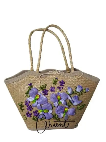 The Rike Woven Straw Tote Top Handle Bag Purse Seagrass Beach Tote Vacation Bag Purple Butterfly Flower